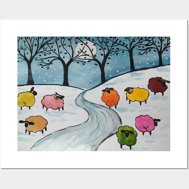 Quirky Colourful Sheep in the Snow Wall Art by Casimirasquirkyart